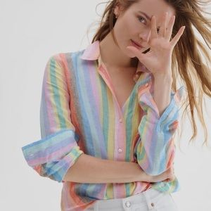 NWT Gap Linen Boyfriend Button Down Shirt Rainbow Stripe Size XL